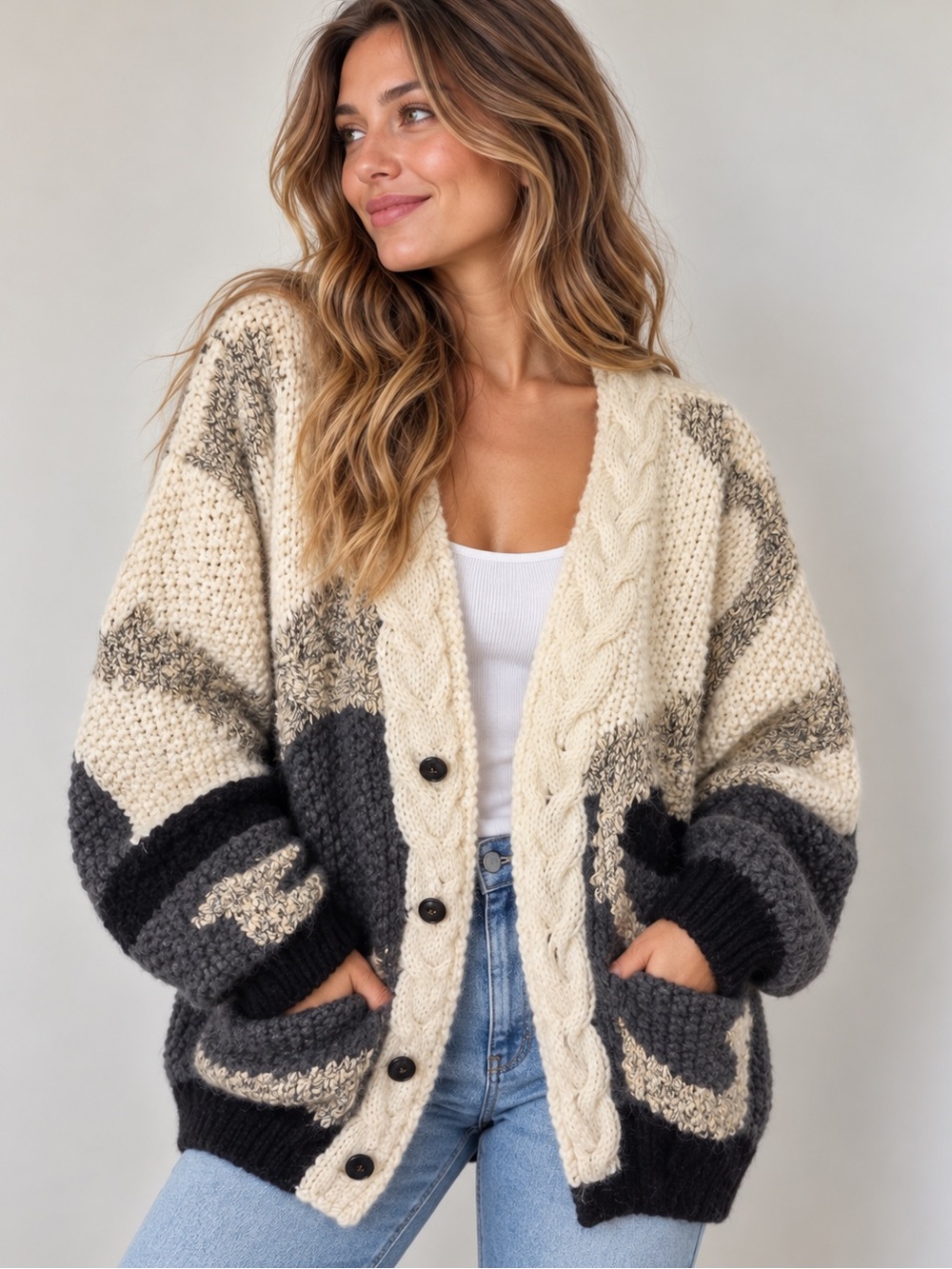 Vintage 90s Hand Knit Mohair Cardigan Chunky Cable Knit Colorblock Sweater
